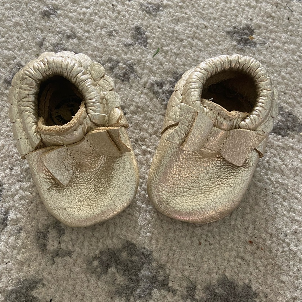 Freshly Picked Gold Bow Moccasins for baby!